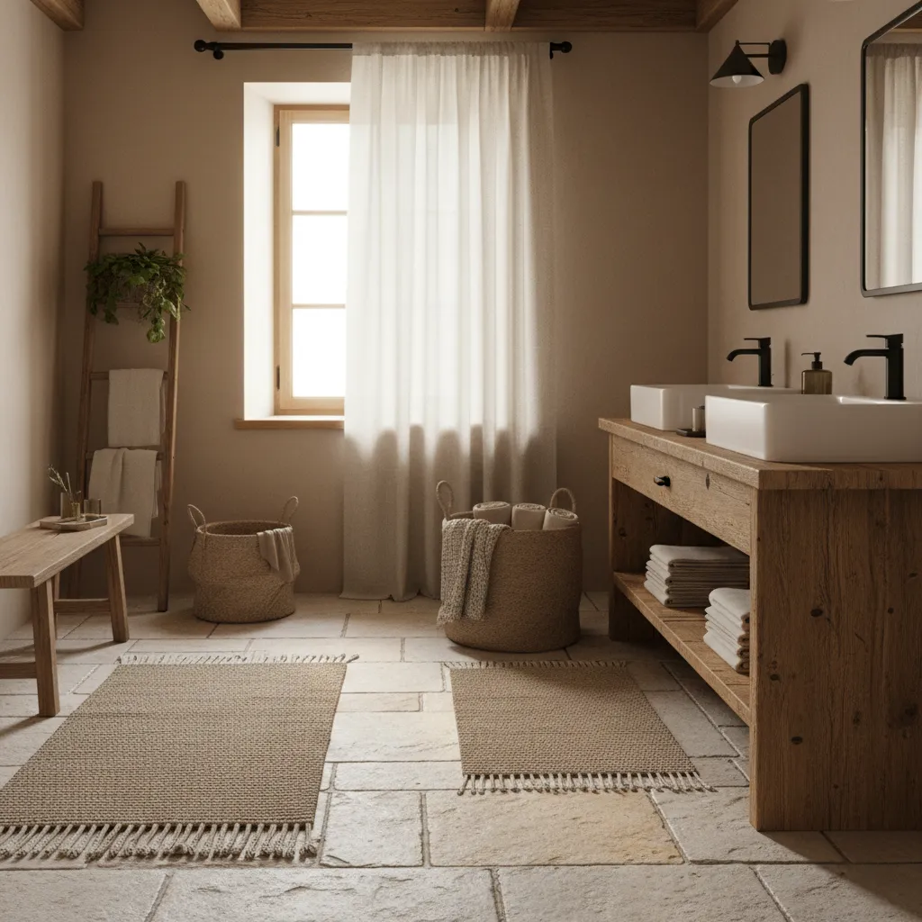 Rustic bathroom design layering burlap linen and cotton textiles