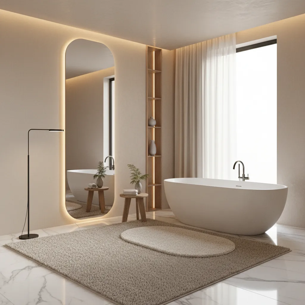 Luxury bathroom with layered neutral rugs and marble floor