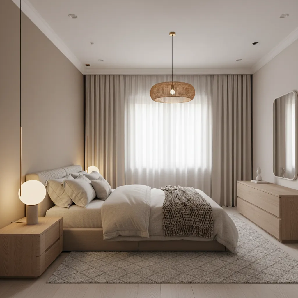 Layered neutral bedroom design with textured bedding and soft lighting