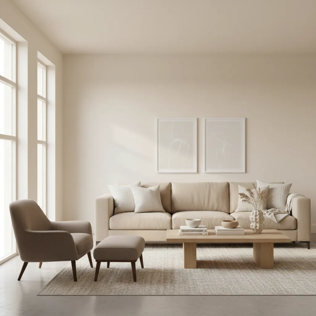nude living room with layered beige taupe and cream tones creating depth