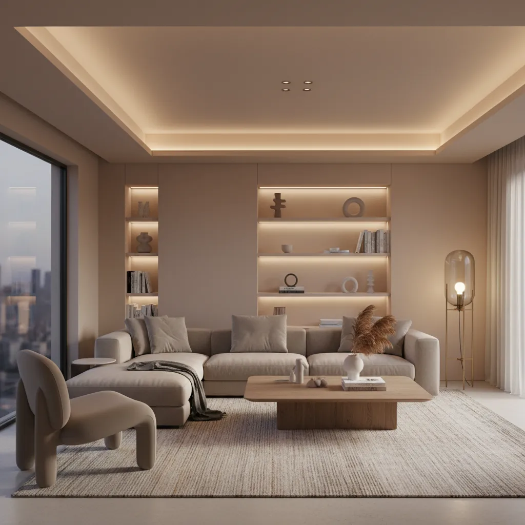 living room with layered beige nude and taupe furniture and decor