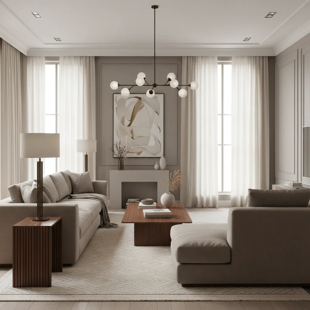 Neutral living room with grey sofa wooden coffee table ceiling light white curtains wall art