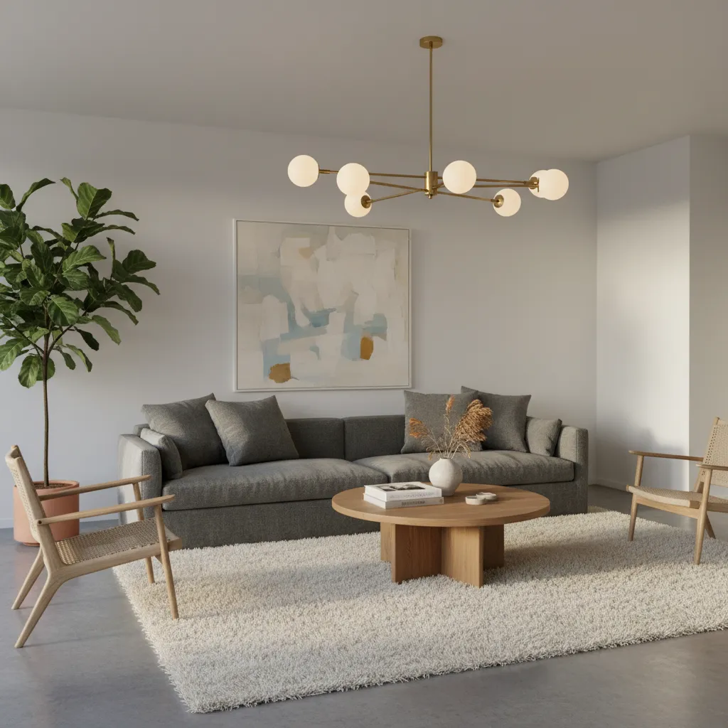 Textured neutral living room with grey floor and layered materials