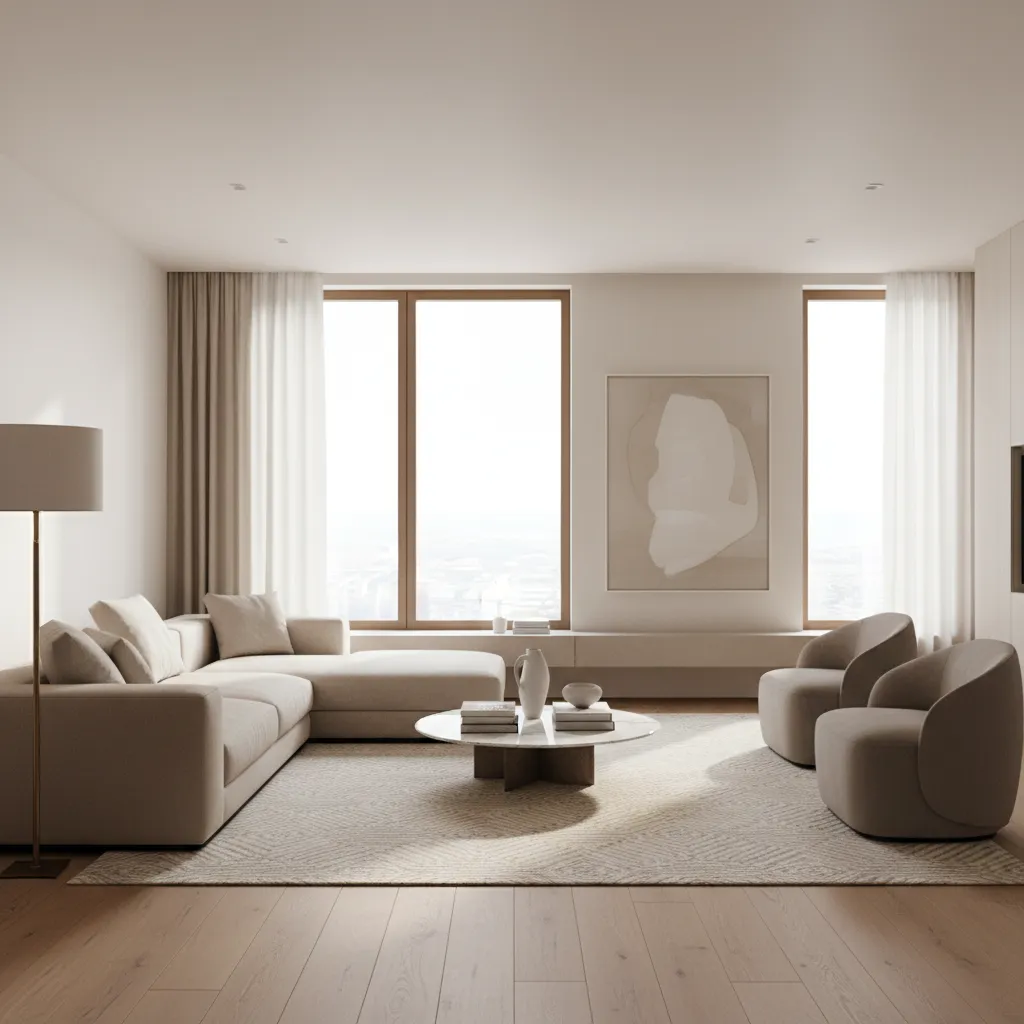 Modern living room with layered nude color palette, beige sofa, neutral walls, and natural light
