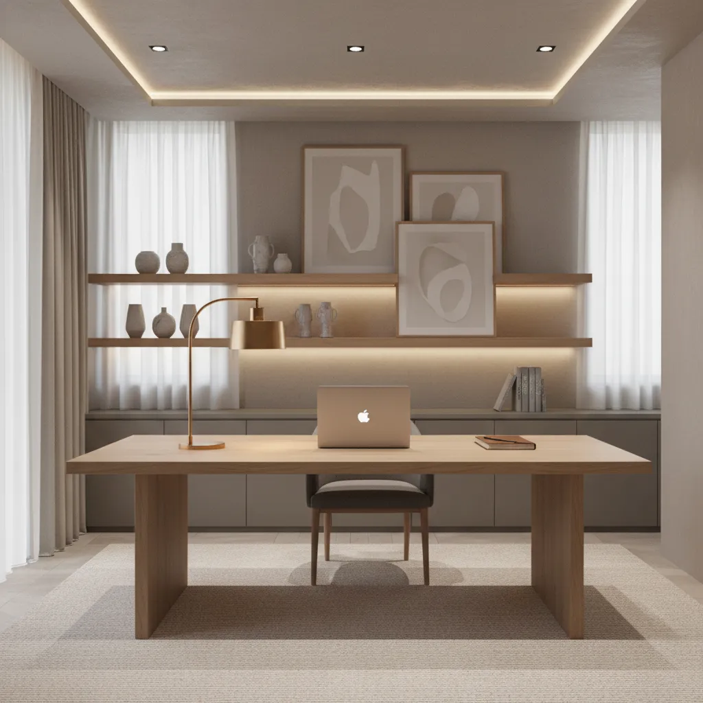 home office with layered lighting desk lamp and soft ambient light