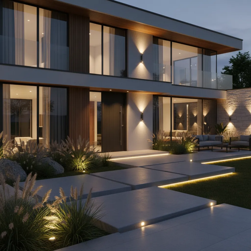 modern home exterior showing layered outdoor lighting including wall lights and landscape lights