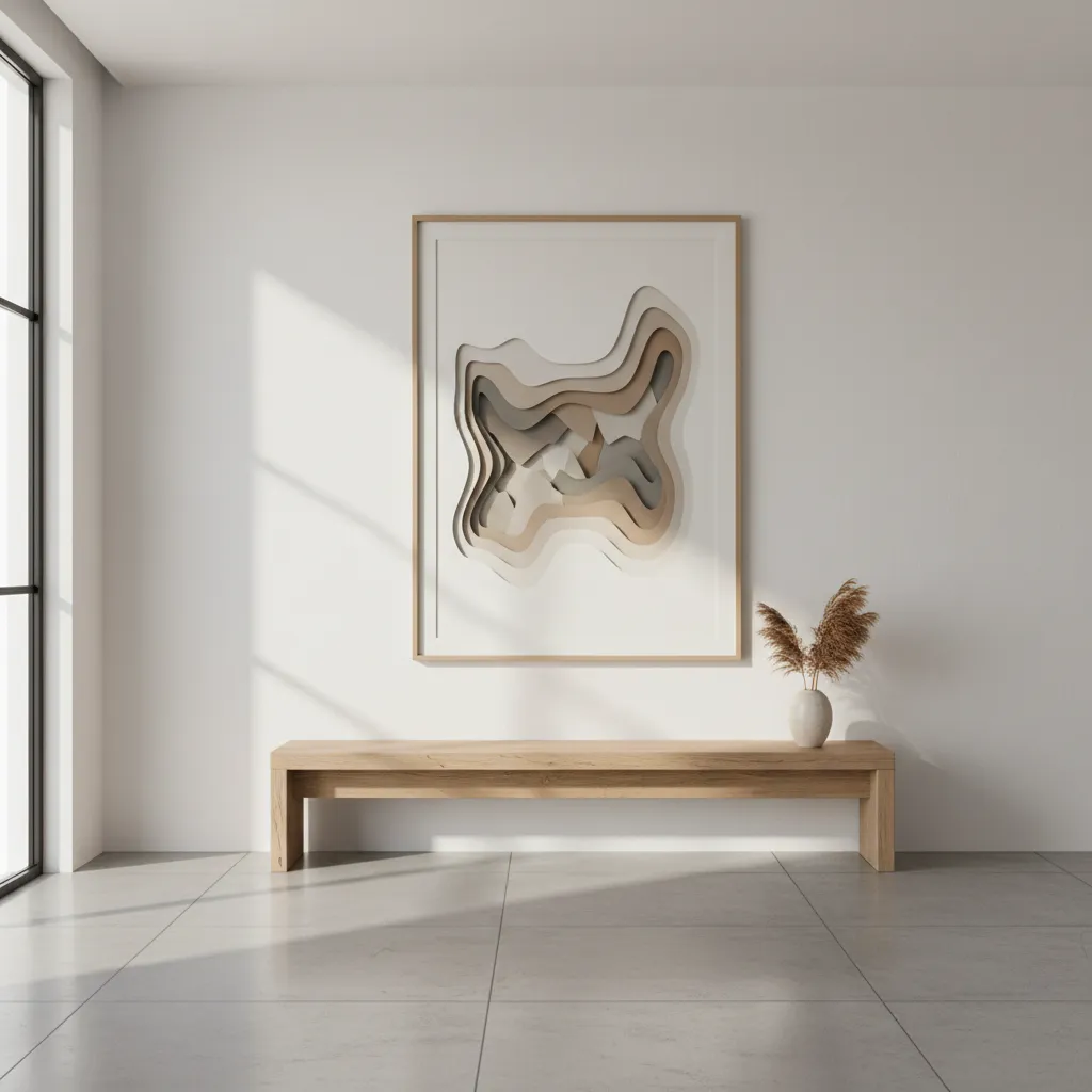 Layered paper shadow box wall art creating depth on a modern wall