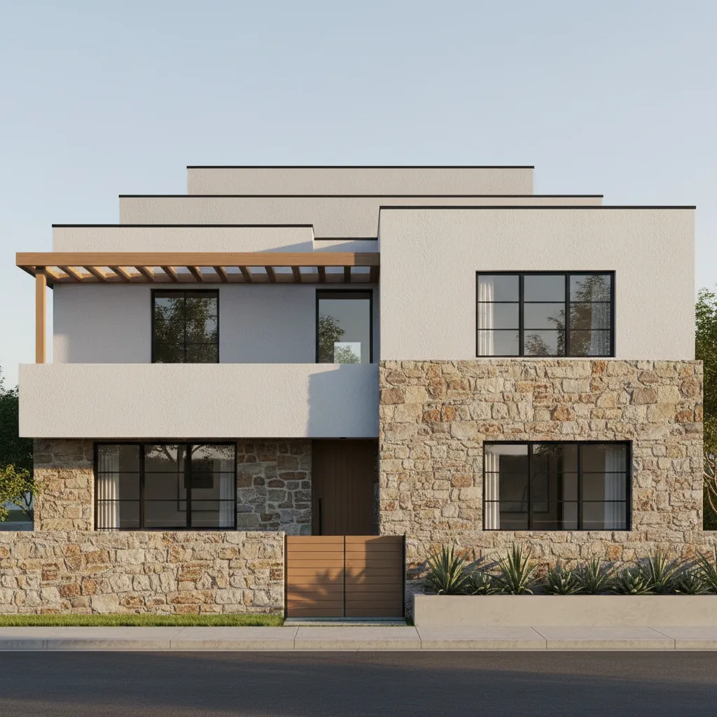 Layered parapet wall with stone and plaster contrast on modern home
