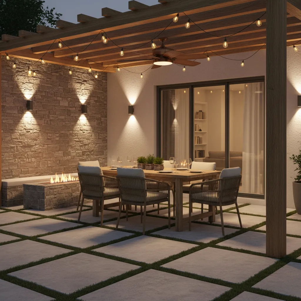 patio with layered lighting string lights wall lights and ceiling fan without light