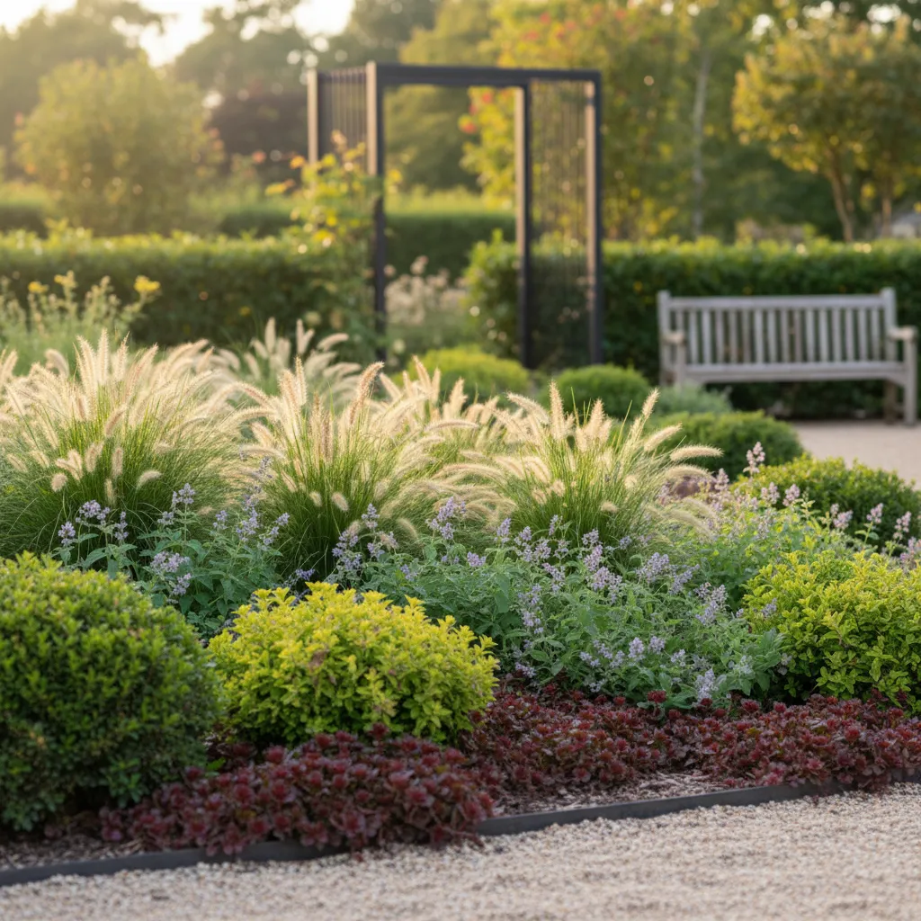 layered planting design with ornamental grasses shrubs and groundcovers