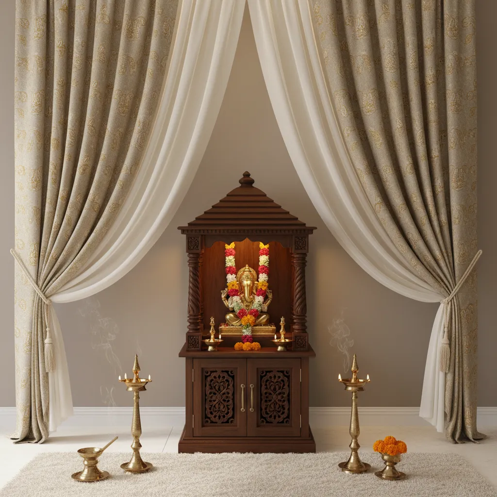 Double layer curtain design around a home pooja altar