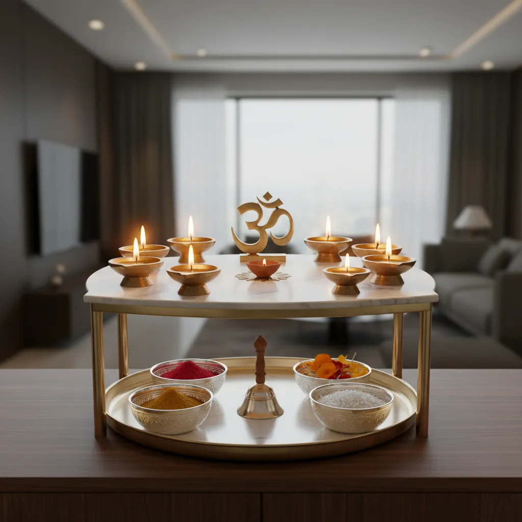 Two tier layered pooja thali design with diya on top