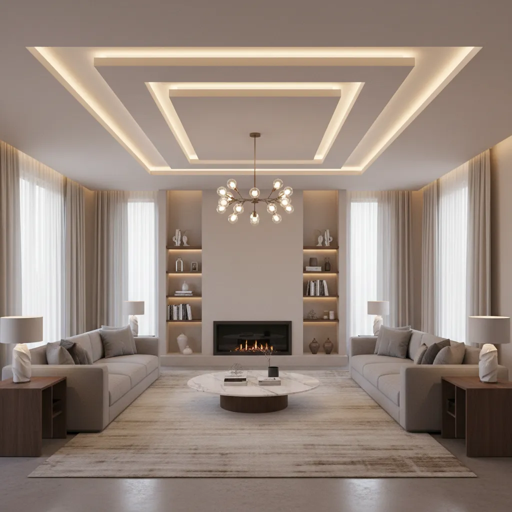layered rectangular plaster of paris ceiling with LED strip lighting