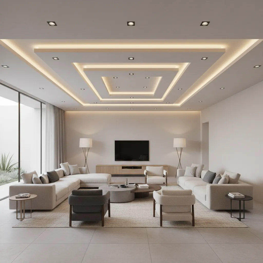 Large modern living hall with layered geometric POP ceiling and integrated lighting