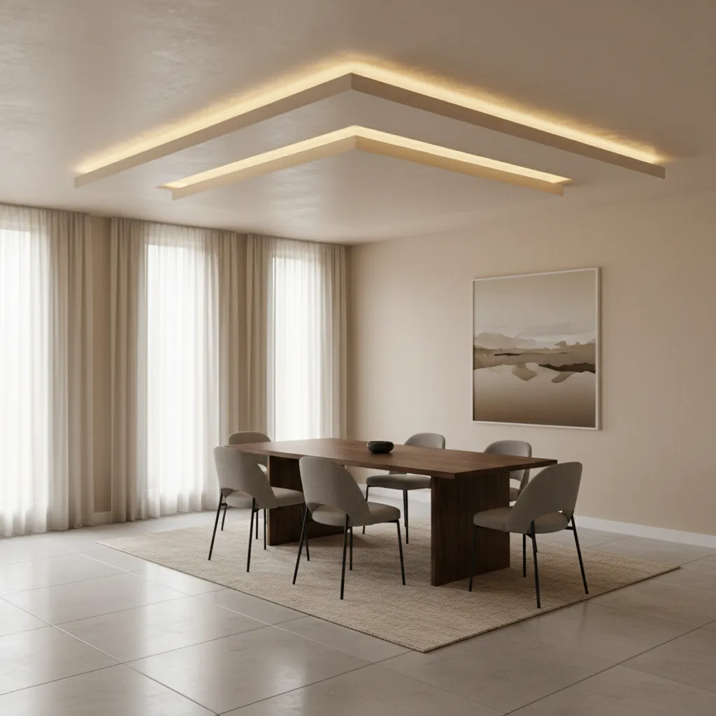 layered POP ceiling with LED lighting above dining table