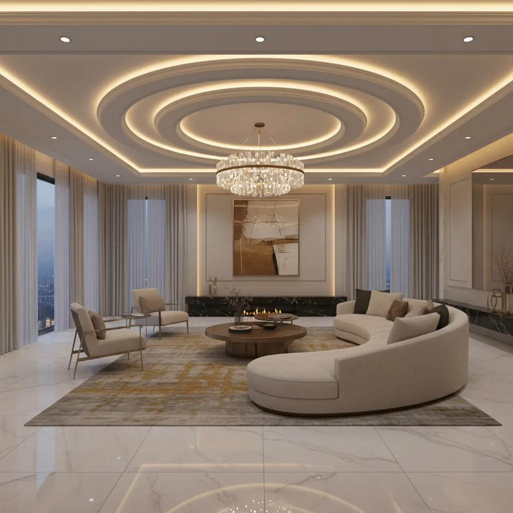 Layered POP ceiling with indirect lighting in luxury living room