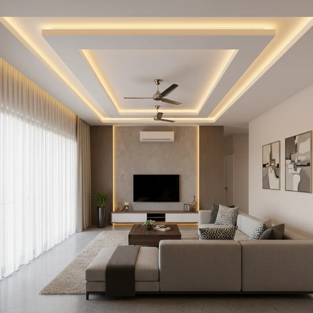 Layered POP ceiling with LED cove lighting and two ceiling fans