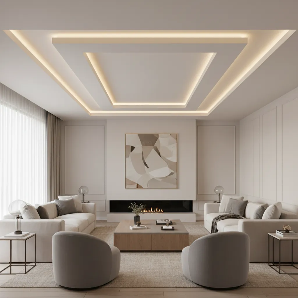 Layered PVC ceiling panel border with recessed lighting in living room