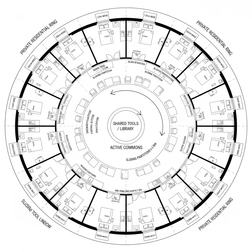 CAD top-down plan of concentric rings with active commons, studios, and private units