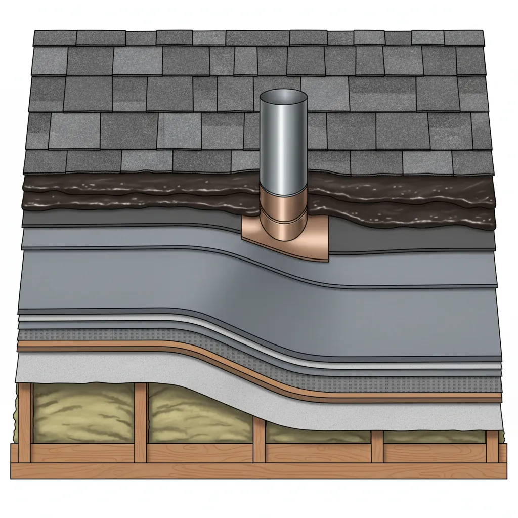 Layered roofing system showing membrane flashing and tar sealing around roof penetration