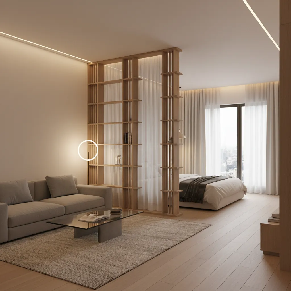 Layered divider with shelving and curtain improving privacy in studio apartment