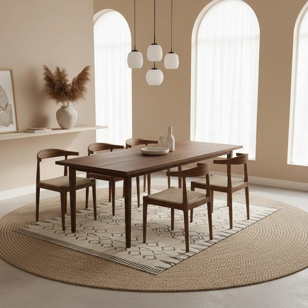layered rugs under dining table with larger base rug and smaller patterned rug