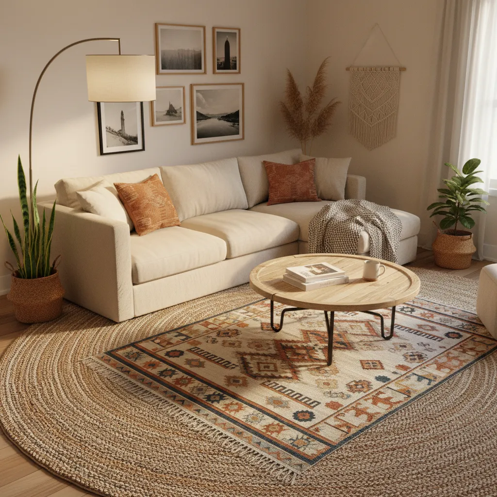 Layered rug styling in a small living room with jute base rug and patterned accent rug
