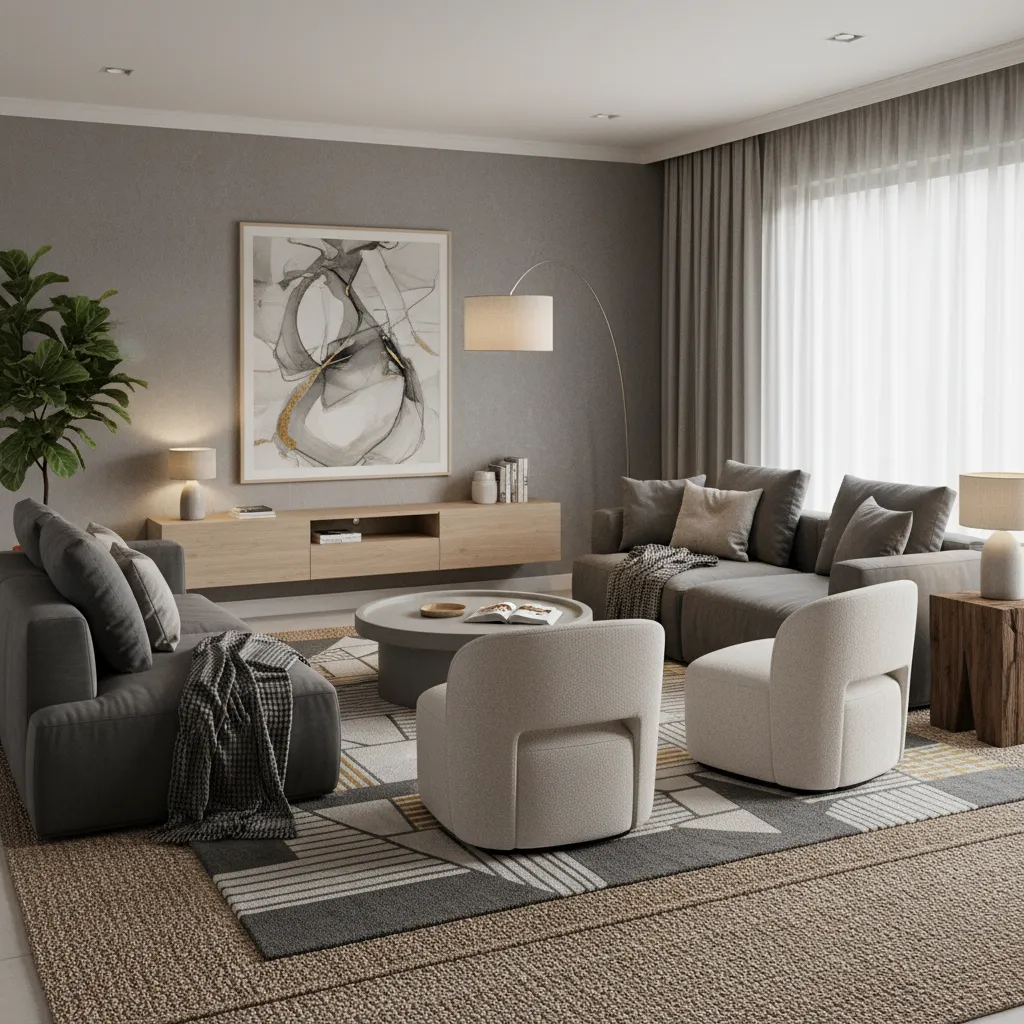 Layered rugs in a contemporary grey living room with textured decor