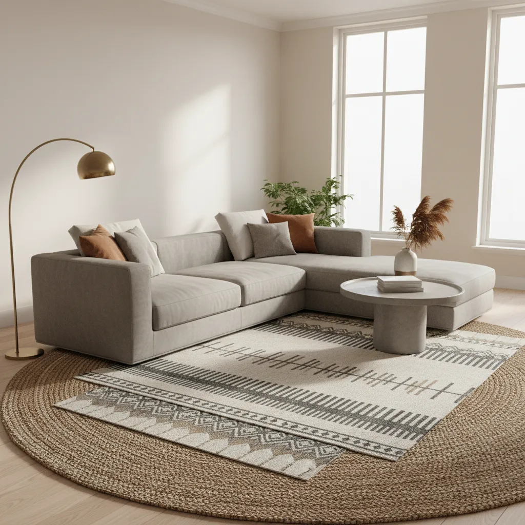 Layered rugs in a grey living room with textured jute base and patterned top rug