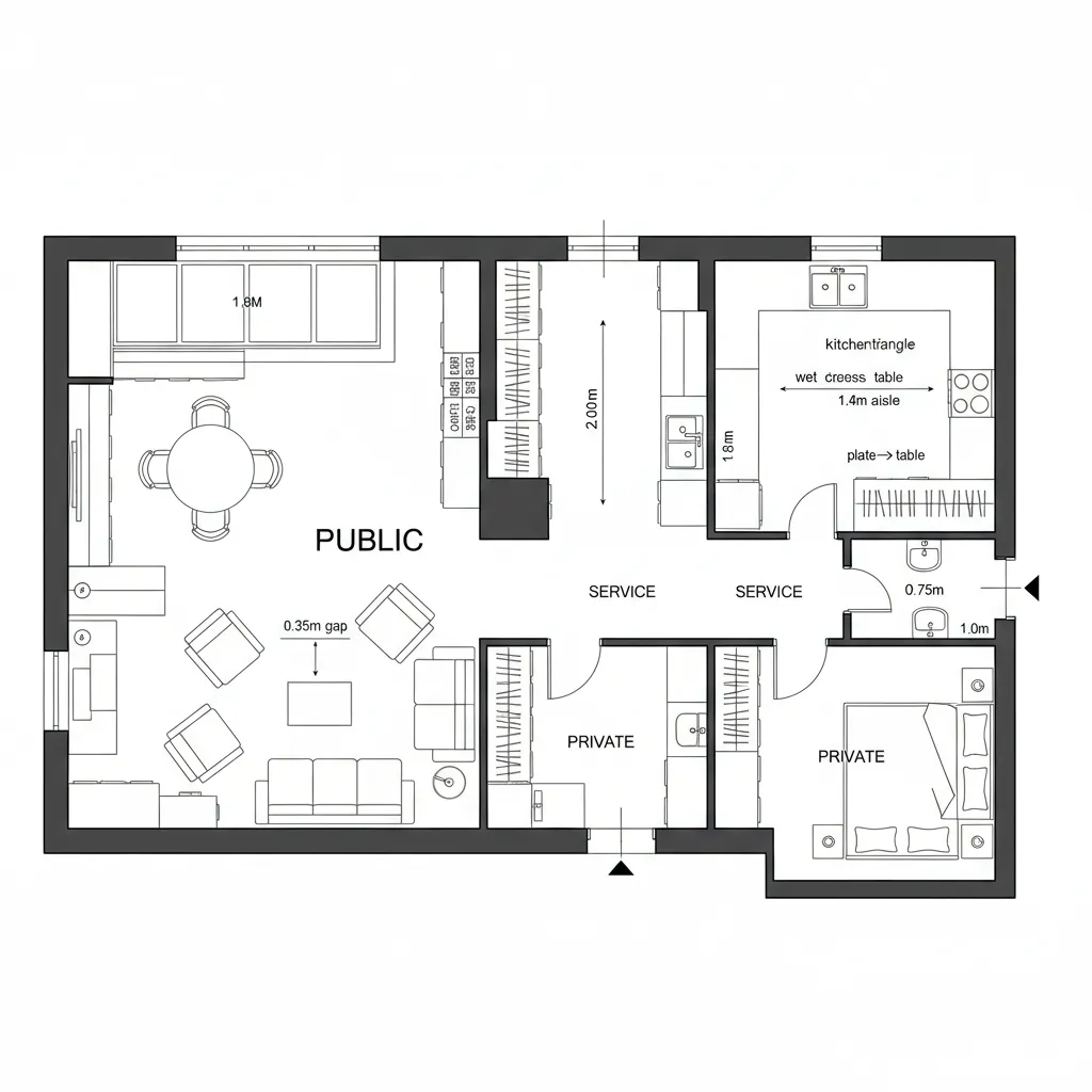 CAD plan of a salon with pocket doors, micro-loop kitchen, and storage tiers