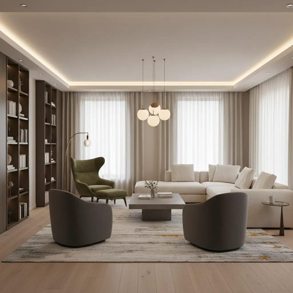 Living room with layered seating zones including sofa area and reading corner