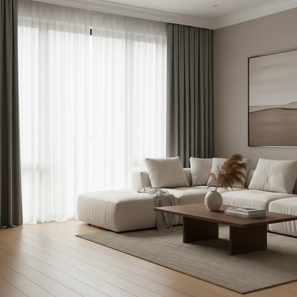 Layered sheer and dark curtains allowing filtered daylight