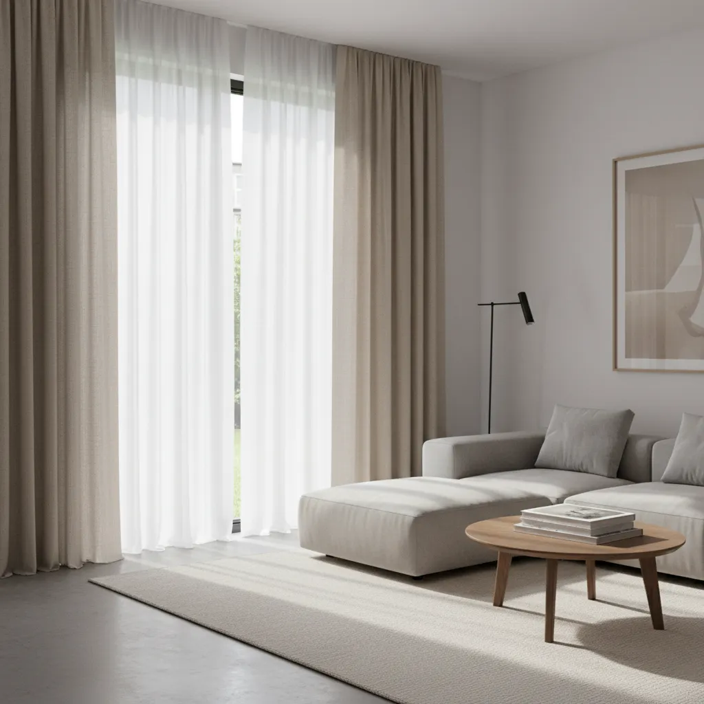 Layered sheer and blackout curtains in a modern living room window