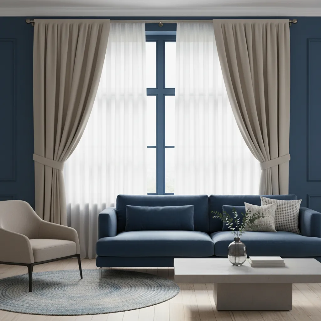 Blue living room window with layered sheer and solid curtains