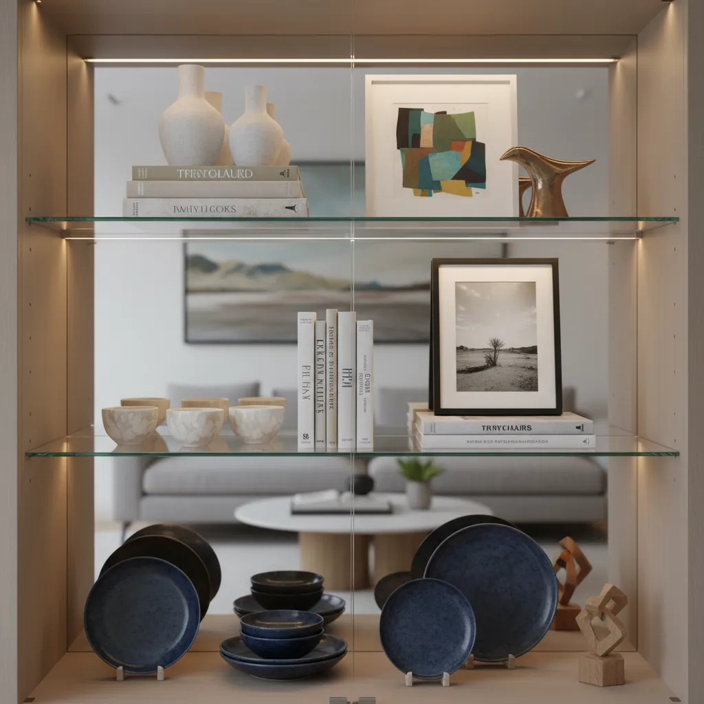Layered shelf styling inside china cabinet with books art and decor objects
