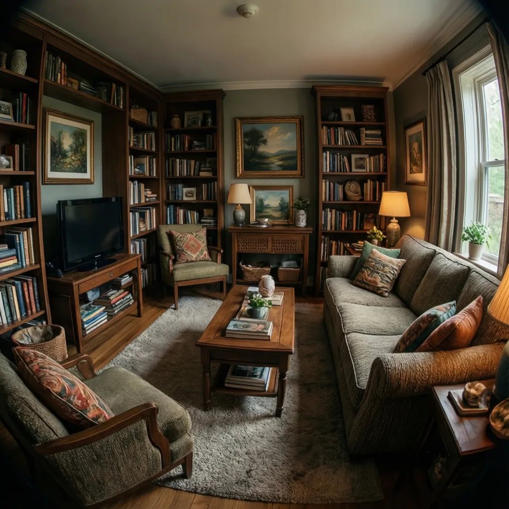 layered sitcom living room decor with books art and textiles