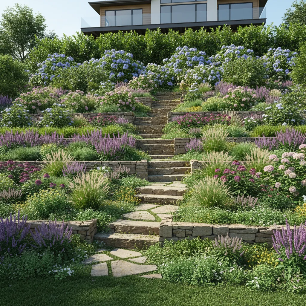 Layered hillside planting design showing shrubs grasses and groundcovers