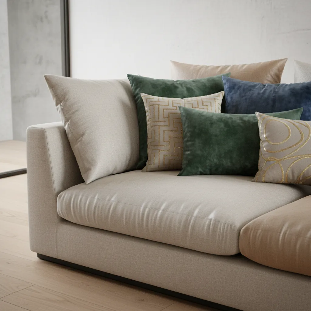 Layered sofa pillows including neutral, textured, and gold accent pillows