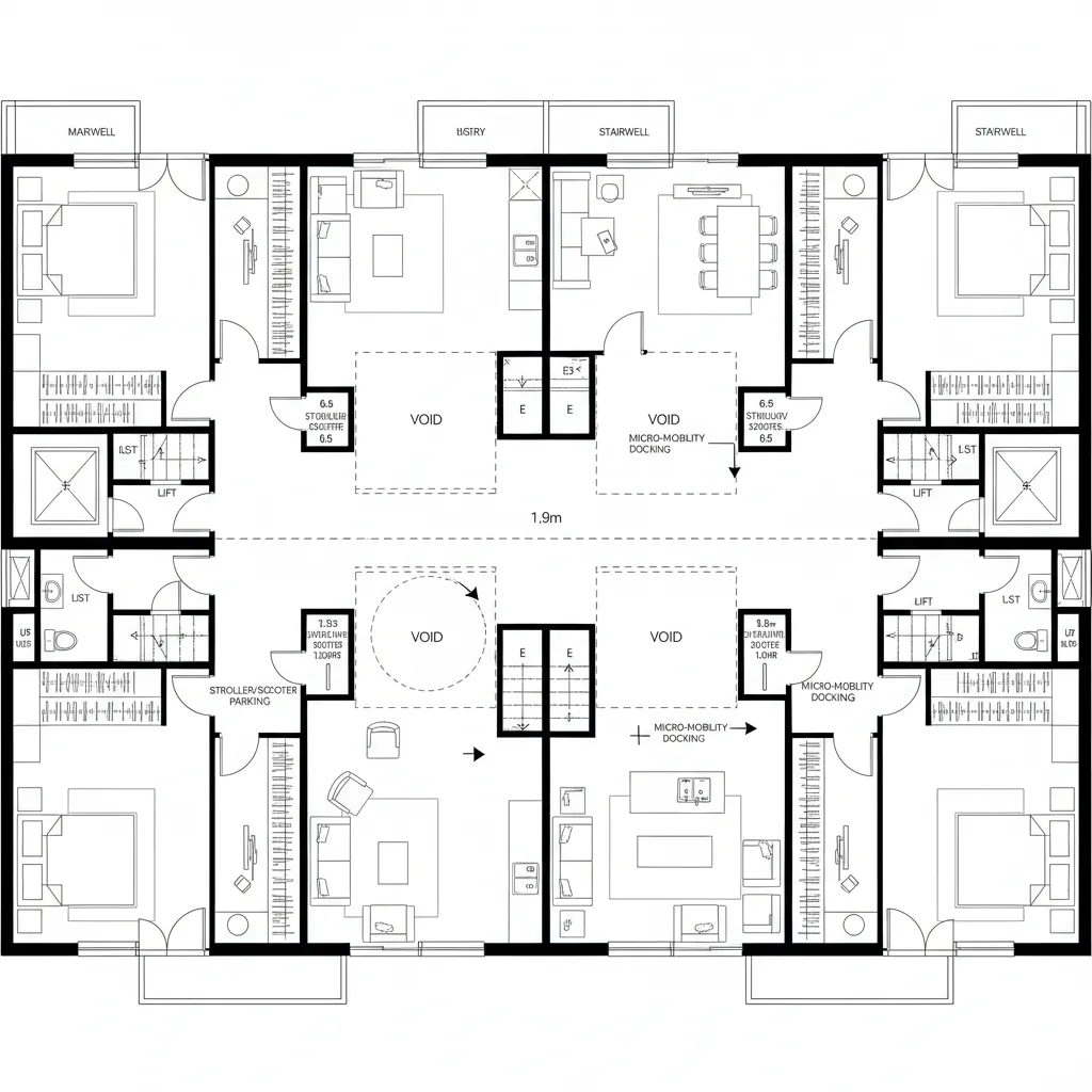 Top-down CAD plan of central double-loaded corridor with atrium light wells and unit vestibules