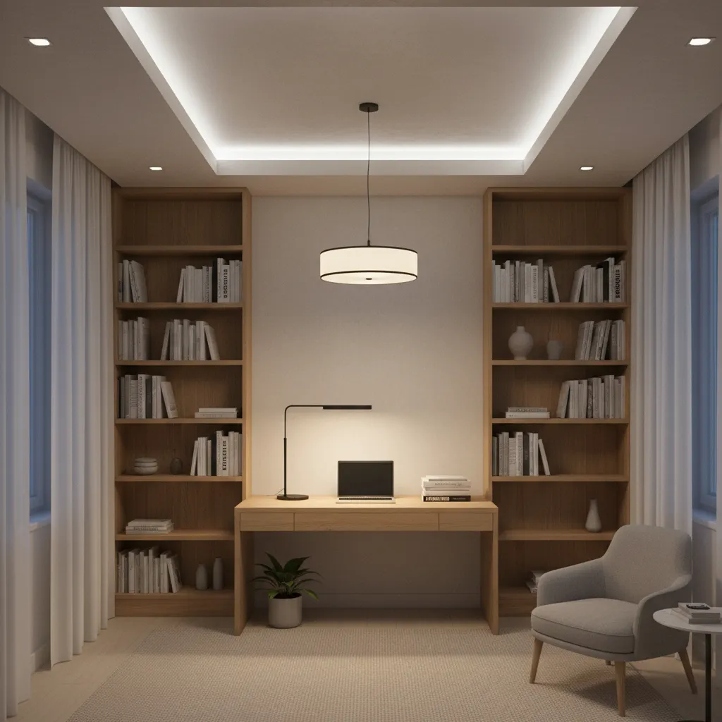 Study desk with LED desk lamp and soft ambient room lighting