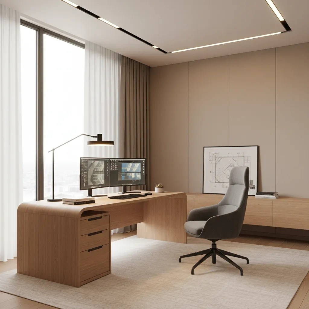 study room with desk lamp ceiling light and window lighting