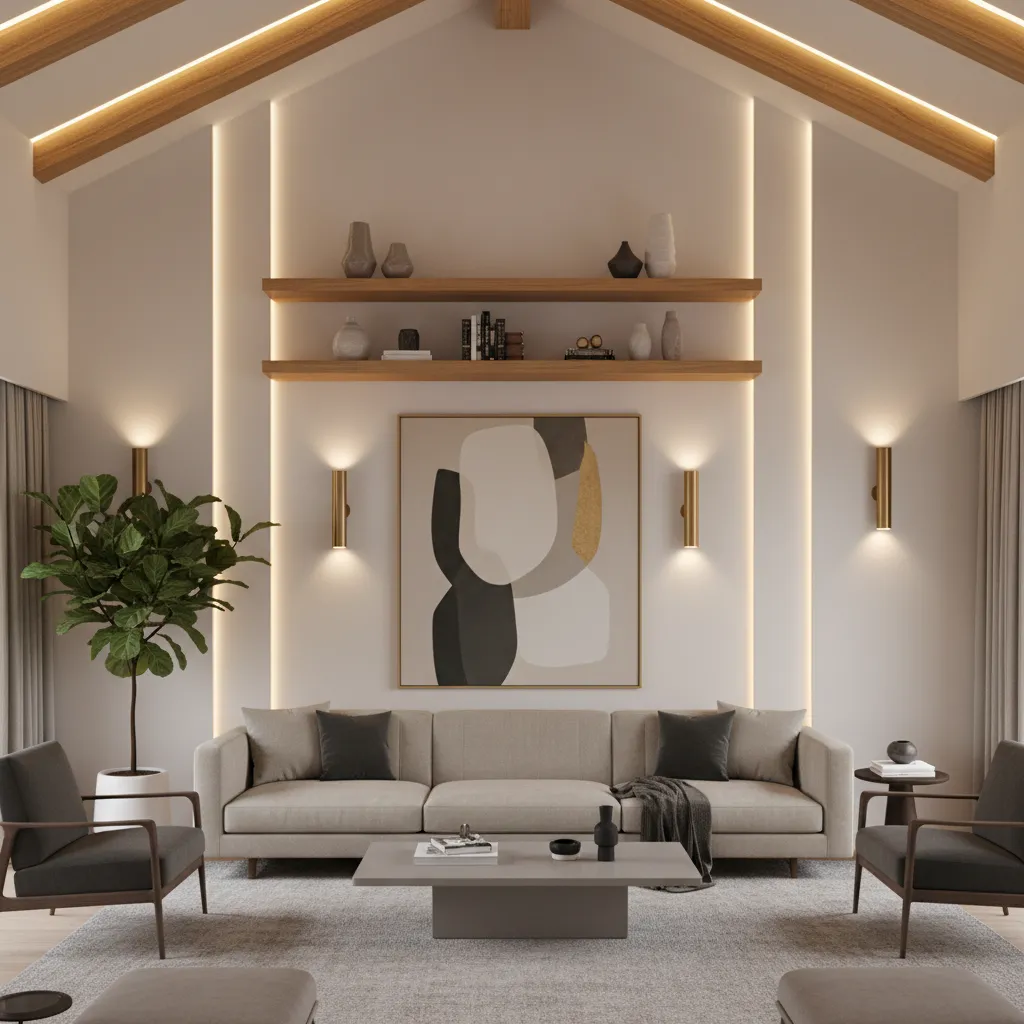 Layered decor arrangement with art shelves and sconces on tall living room wall