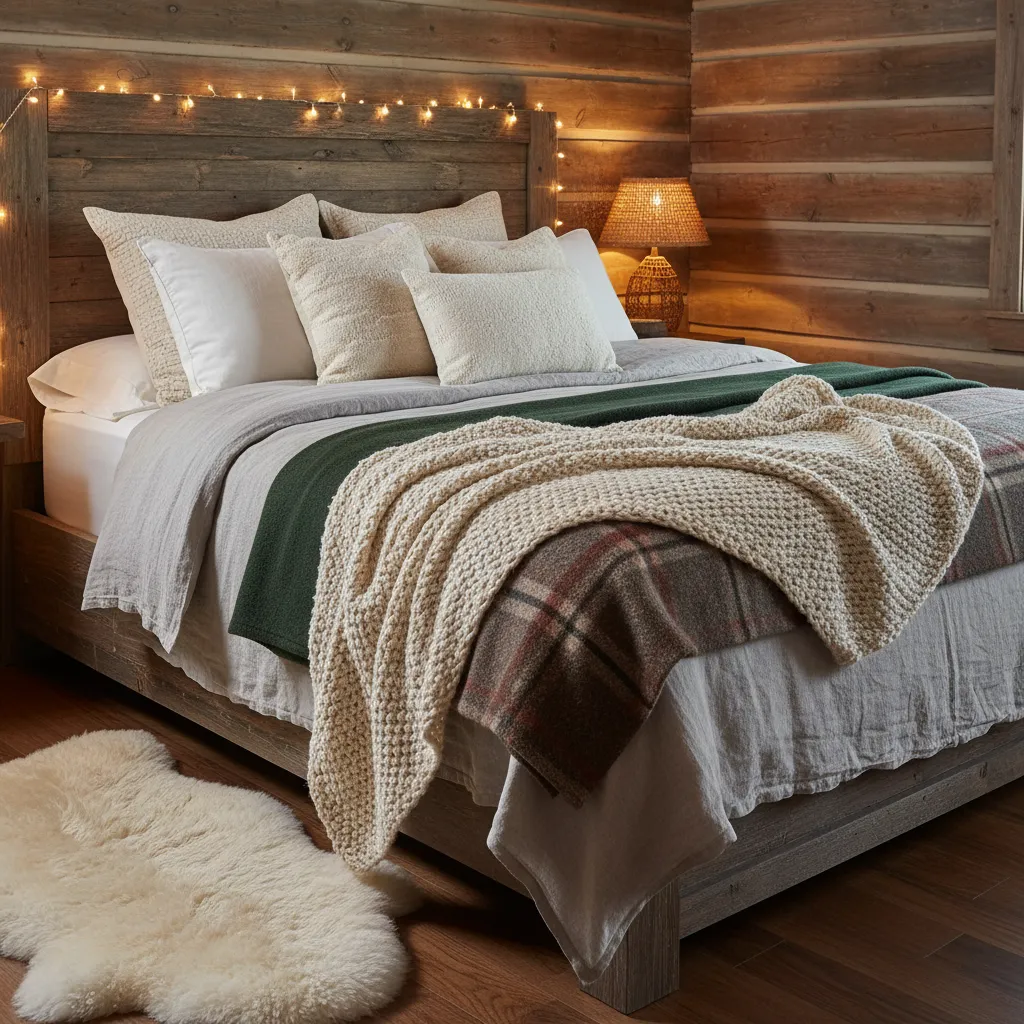 rustic cabin bed styled with layered blankets pillows and textured fabrics