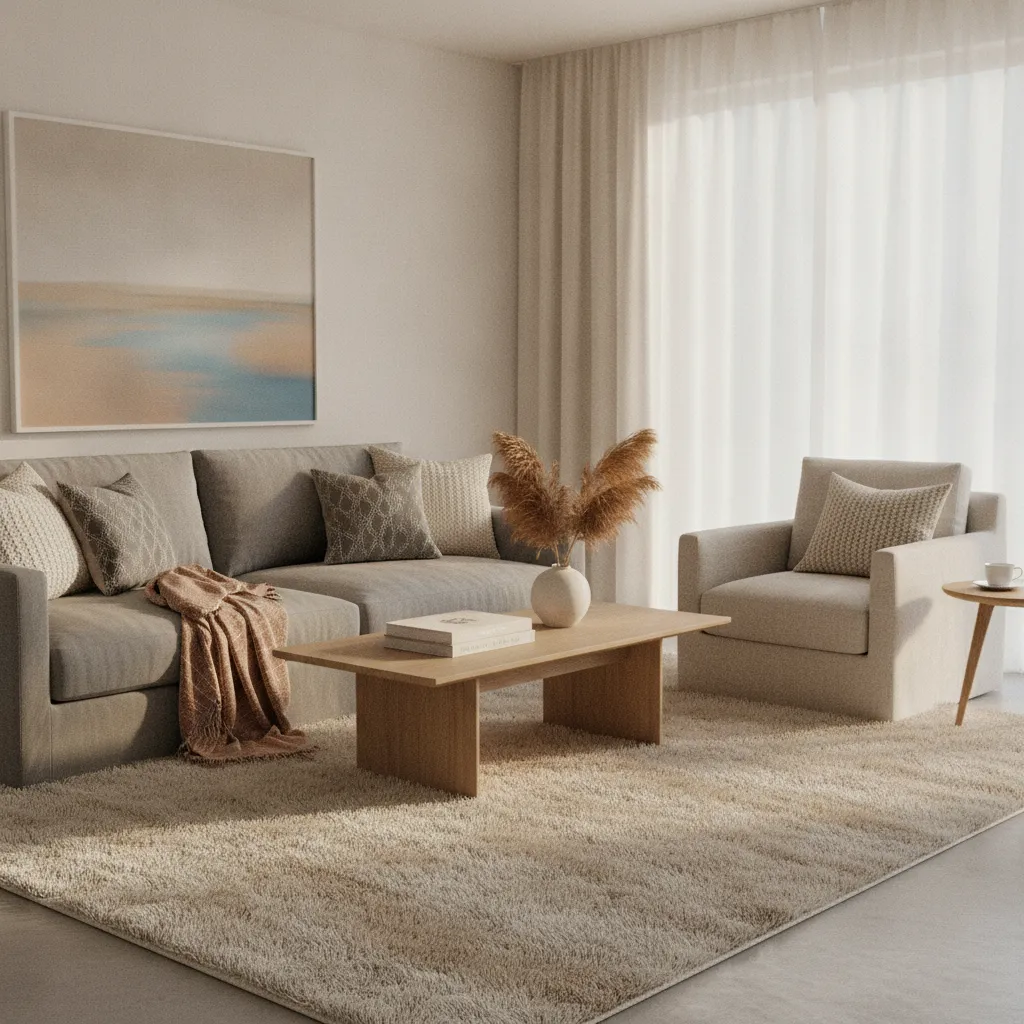 Layered textiles including rug pillows and curtains in a stylish living room