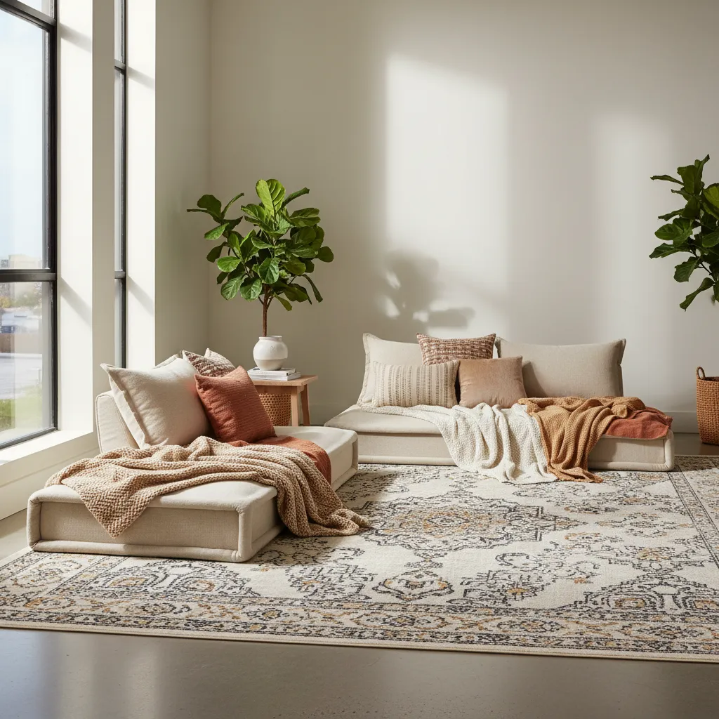 Mattress lounge area with layered textiles and patterned rug