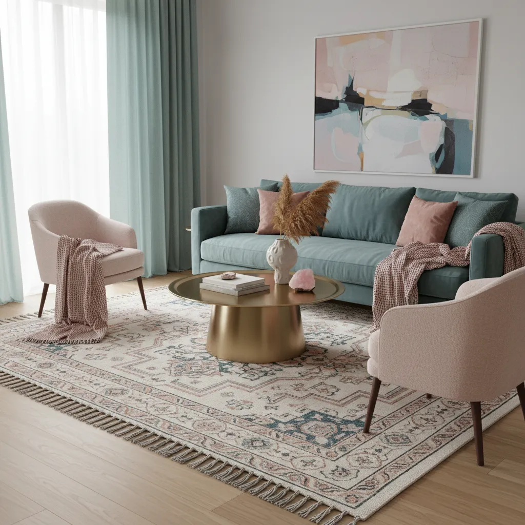 Pink and teal living room with layered rugs cushions and curtains for depth