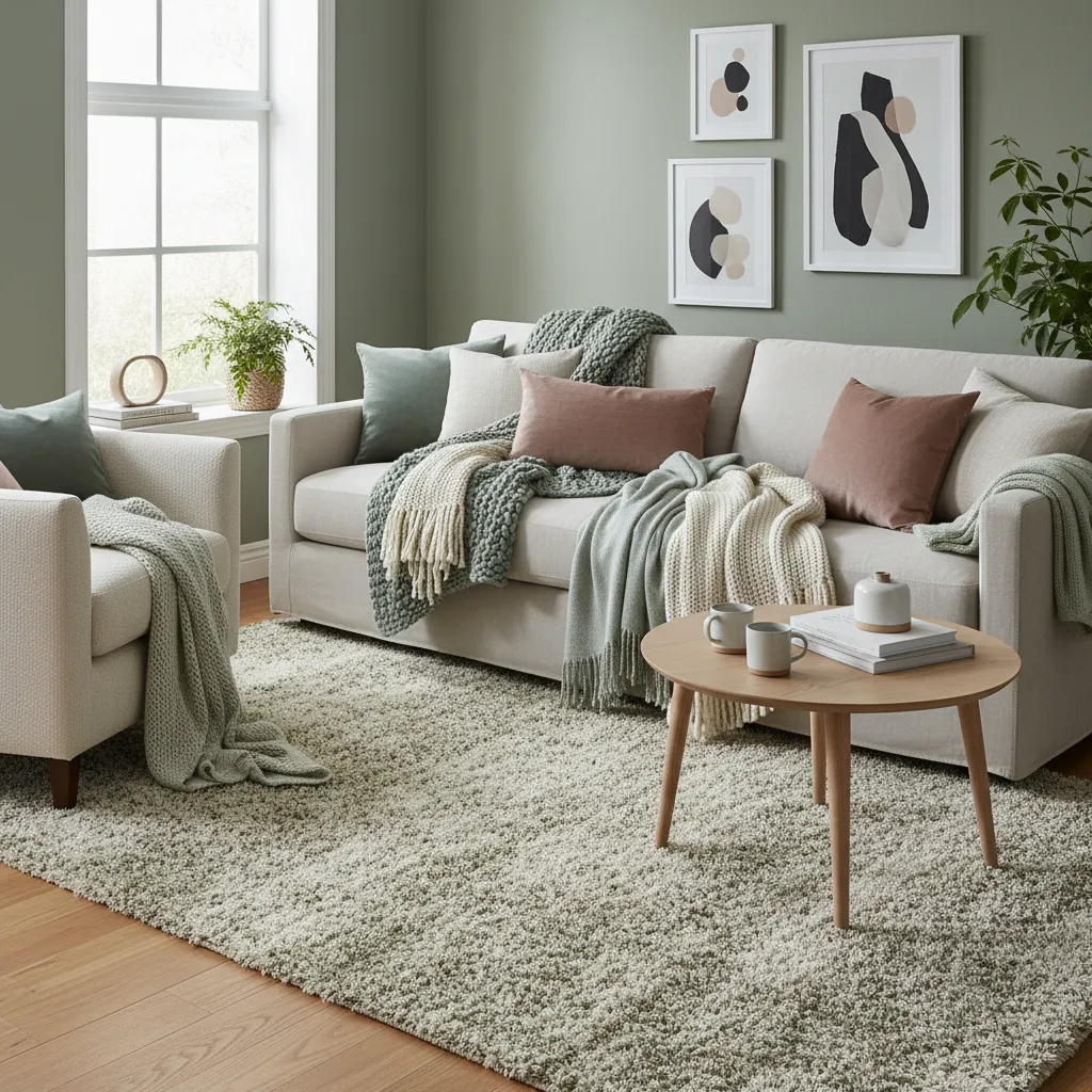 Sage green living room with layered rugs pillows and throw blankets adding depth