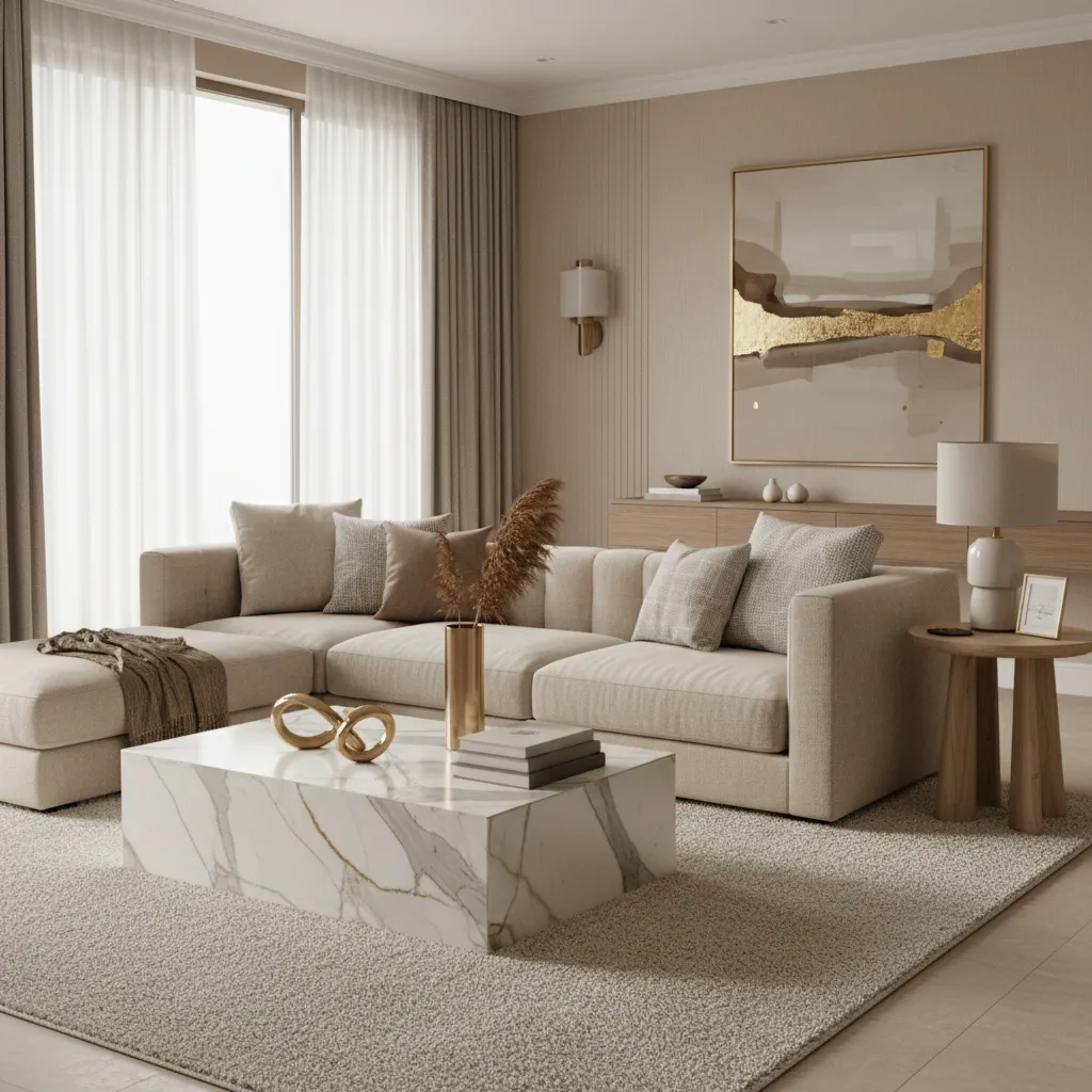 Layered textures in beige white gold luxury living room with rug fabric and marble surfaces
