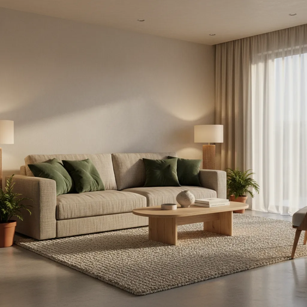 Beige and green living room showing layered textures with velvet pillows and wool rug