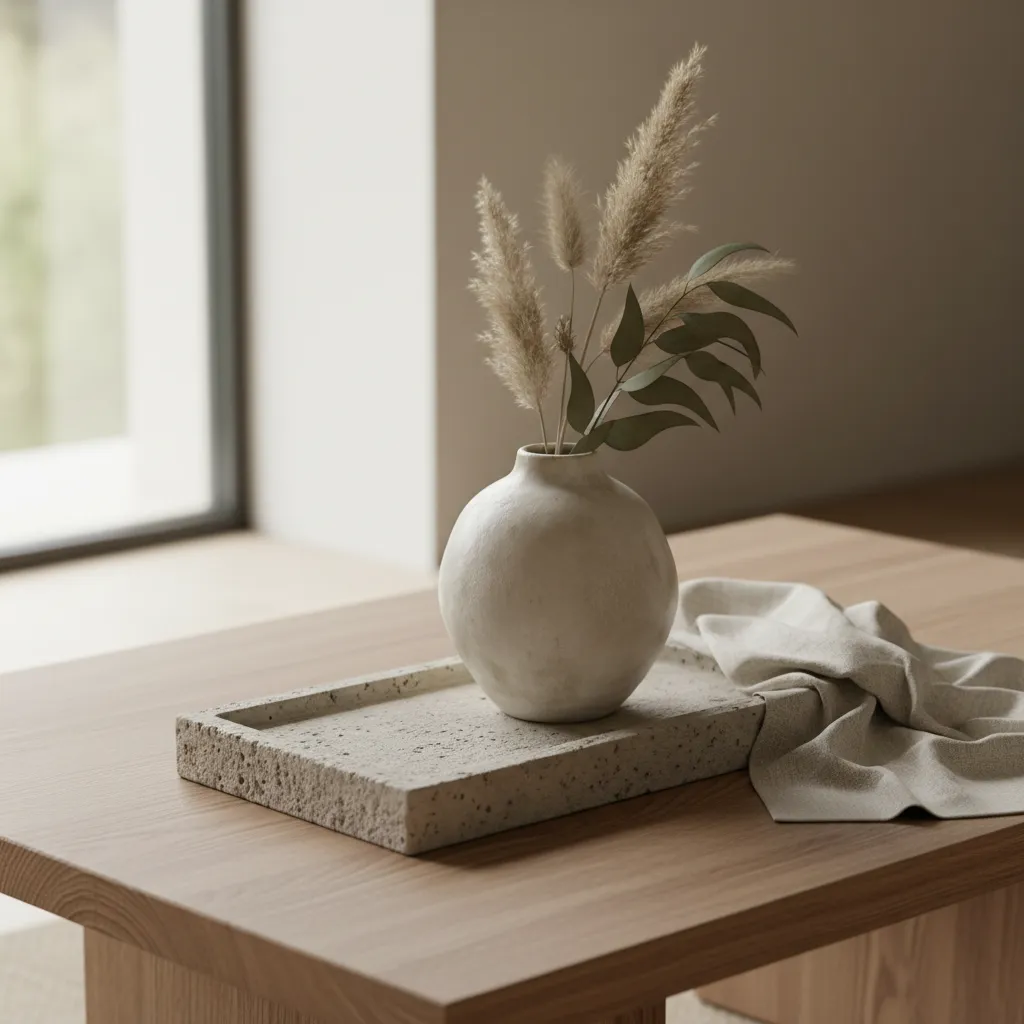 Coffee table styling with layered textures including ceramic vase, stone tray and linen textile